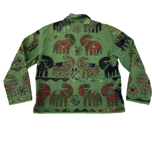 Tropical Elephants Boho womens wood toggle Jacket Patchwork Womens Green medium - Picture 2 of 14